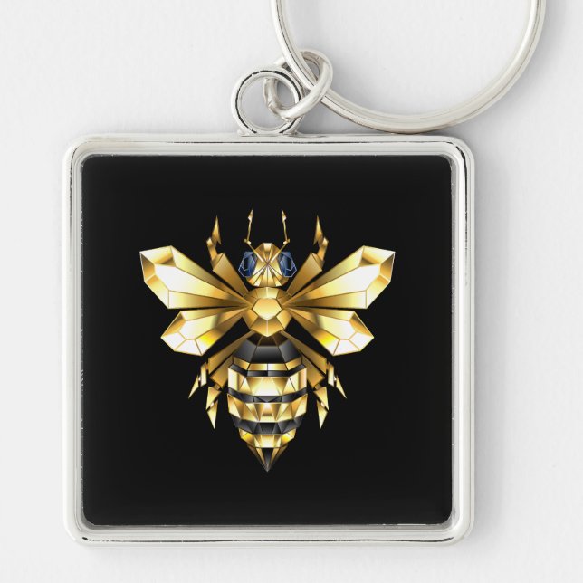 Faux Guld Foil Logotyp Bee Polygonon on Black Fyrkantig Silverfärgad Nyckelring (Framsidan)