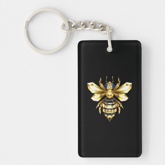 Faux Guld Foil Logotyp Bee Polygonon on Black Nyckelring (Framsidan)