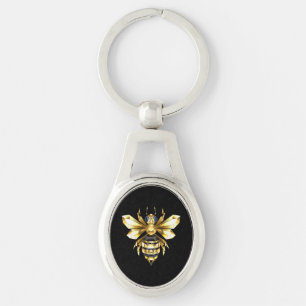 Faux Guld Foil Logotyp Bee Polygonon on Black Ovalt Silverfärgad Nyckelring