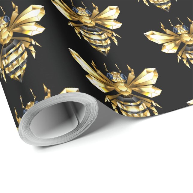 Faux Guld Foil Logotyp Bee Polygonon on Black Presentpapper (Rullad Hörn)