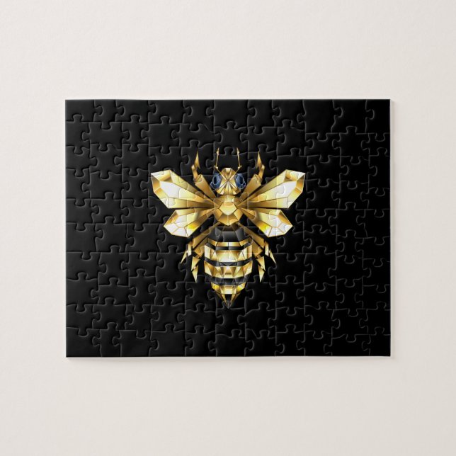 Faux Guld Foil Logotyp Bee Polygonon on Black Pussel (Horisontell)