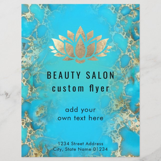 FAUX guld foil lotus logotyp på turkos-sten Reklamblad (Framsidan)