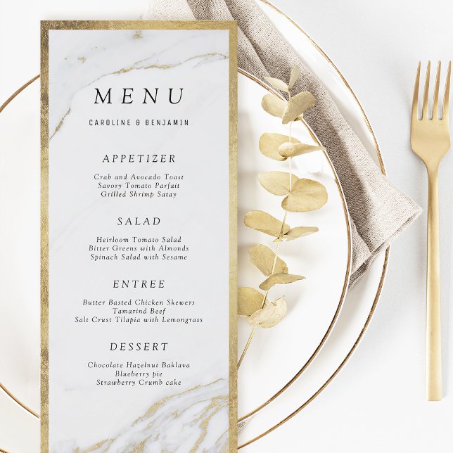 Faux guld foil marble lyxury modern bröllop-meny meny (Faux gold foil marble luxury modern wedding menu)