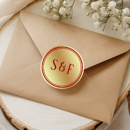 Faux Guld Foil Maroon Red Monogram Kuvert Seal Runt Klistermärke