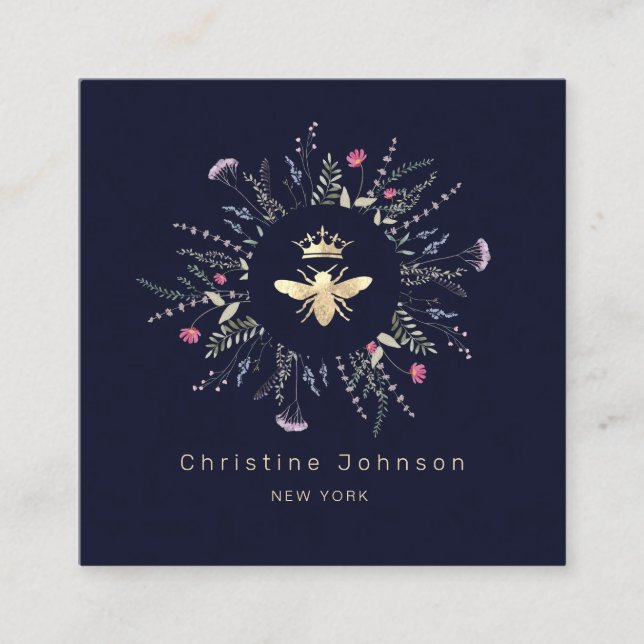 Faux guld foil Queen Bee wildblommor ram Fyrkantigt Visitkort (Framsida)