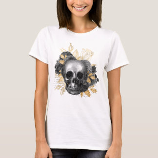Faux Guld foliage skalle svart ro och manus T Shirt