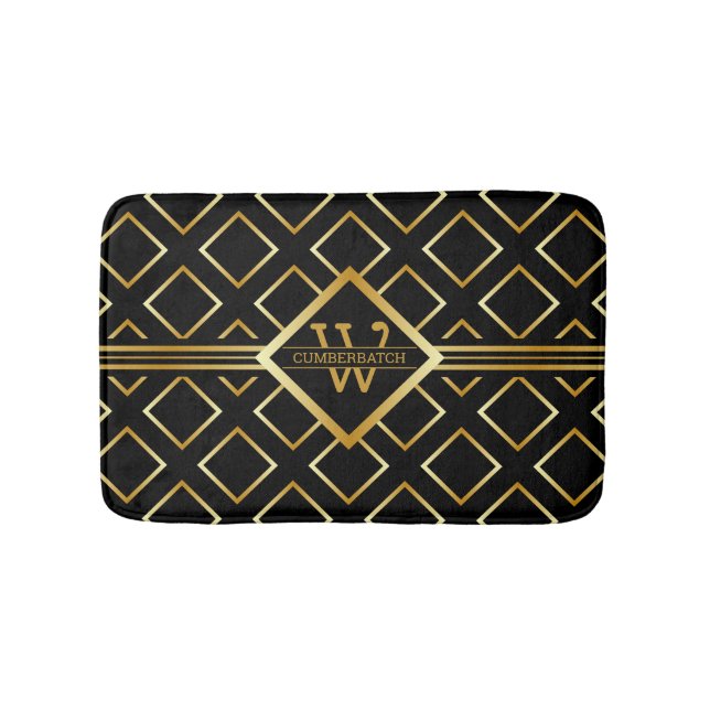 FAUX Guld Geometric Mönster med Monogram på BLACK Badrumsmatta (Framsidan)
