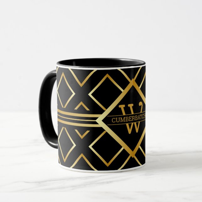FAUX Guld Geometriskt Mönster med Monogram på SVAR Mugg (Framsida vänster)