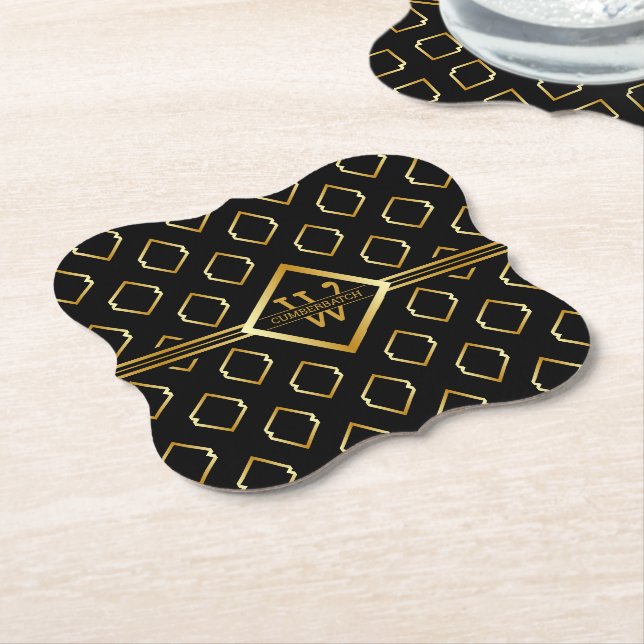 FAUX Guld Geometriskt Mönster med Monogram på SVAR Underlägg Papper (Vinklad)