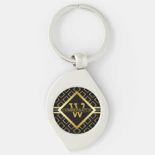 FAUX Guld Geometriskt Mönster MONOGRAM på SVART Swirl Silverfärgad Nyckelring