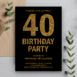 Faux Guld Glitter 40:e födelsedagsinbjudan Inbjudningar<br><div class="desc">Förbluffa dina gäster med den här glamorösa 40-dagarsinbjudan med en fetstilt gyllene glitter mot svart bakgrund. Lägg bara till din händelseinformation i den här mallen som är enkel att använda för att göra den till en inbjudan av typen en. Vänd kortet över för att visa en faux guld glitter struktur...</div>