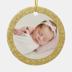Faux Guld Glitter Baby första julfotfoto Julgransprydnad Keramik