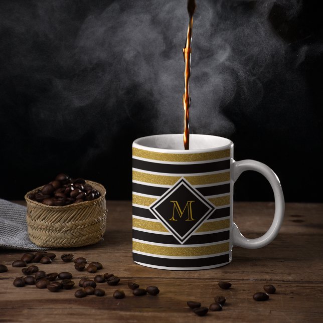 Faux Guld Glitter Black & White Rand & Monogram Kaffemugg (Skapare uppladdad)