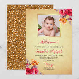 Faux Guld Glitter Blommigt Flicka Photo Aqiqah Inbjudningar