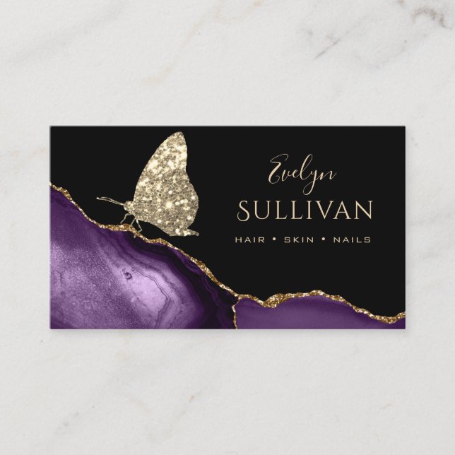 faux guld glitter butterfly och lila agate visitkort (Framsida)