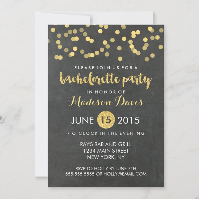 Faux Guld Glitter Chalkboard Bachelorette Party Inbjudningar (Framsida)