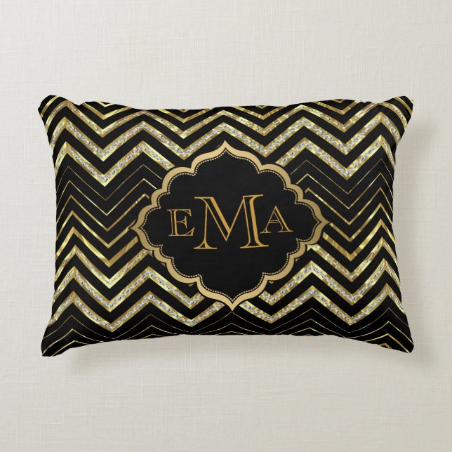 Faux Guld & Glitter Chevron Anpassningsbar Black B Prydnadskudde (Framsidan)