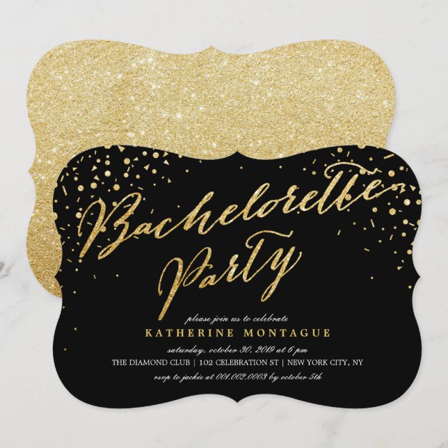 Faux Guld Glitter Confetti Chic Bachelorette Party Inbjudningar (Fram/baksida)