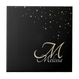 Faux Guld Glitter Confetti Namn och Guld Monogram Kakelplatta