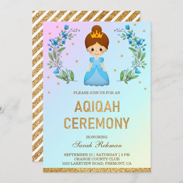 Faux Guld Glitter Cute Blue Princess Aqiqah Inbjudningar (Fram/baksida)