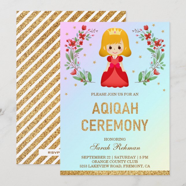 Faux Guld Glitter Cute Red Princess Aqiqah Inbjudningar (Fram/baksida)