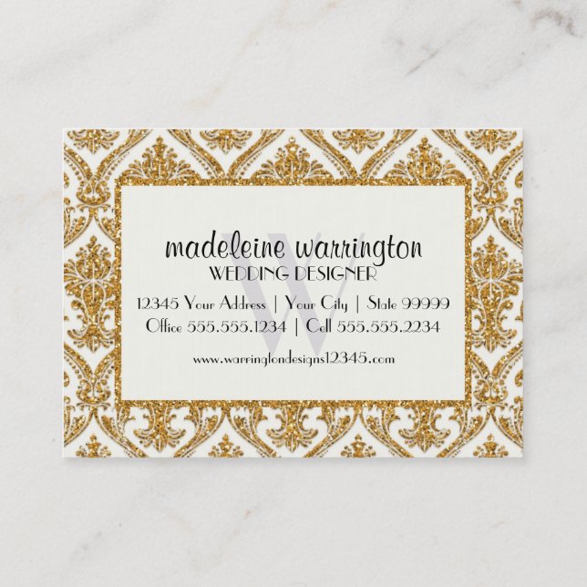 Faux Guld Glitter Damask Blommönster Business Visitkort (Baksida)