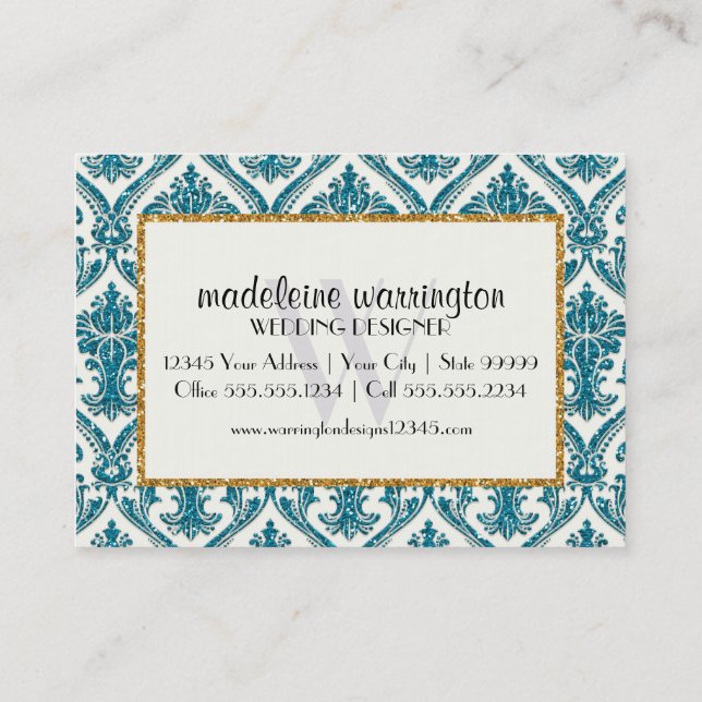 Faux Guld Glitter Damask Blommönster Business Visitkort (Baksida)