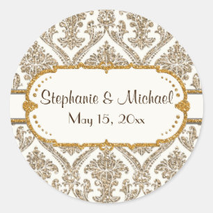 Faux Guld Glitter Damask Blommönster Stationery Runt Klistermärke