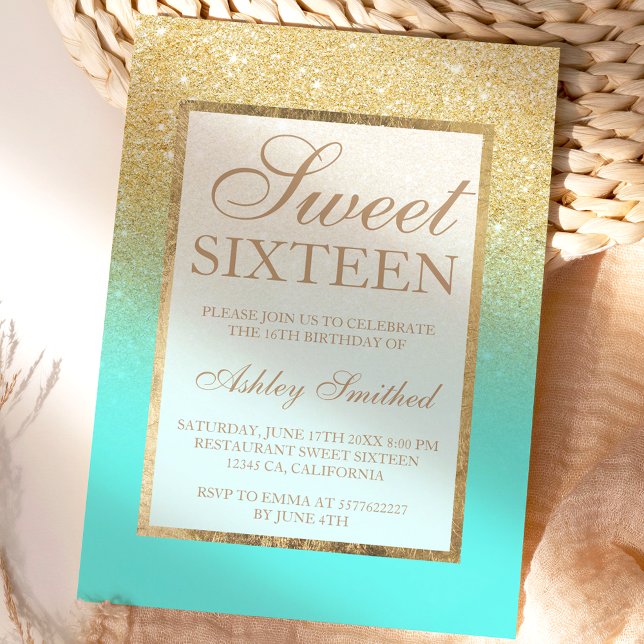 Faux guld glitter elegant aqua teal Sweet 16 Inbjudningar (Skapare uppladdad)