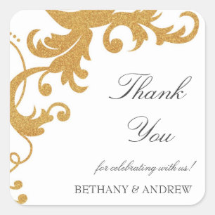 Faux Guld Glitter Elegant Damask Tack Sticker Fyrkantigt Klistermärke