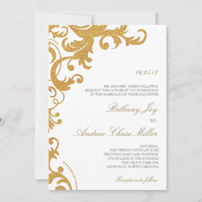 Faux Guld Glitter Elegant Damask Wedding Inbjudan (Framsida)