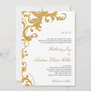 Faux Guld Glitter Elegant Damask Wedding Inbjudan
