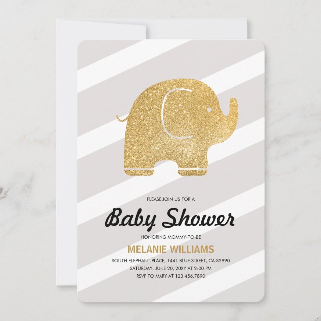 Faux Guld Glitter Elephant Grått Baby Shower Inbju Inbjudningar (Framsida)