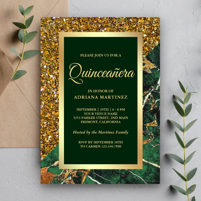Faux Guld Glitter Emerald Grönt Marble Quinceanera Inbjudningar (Skapare uppladdad)