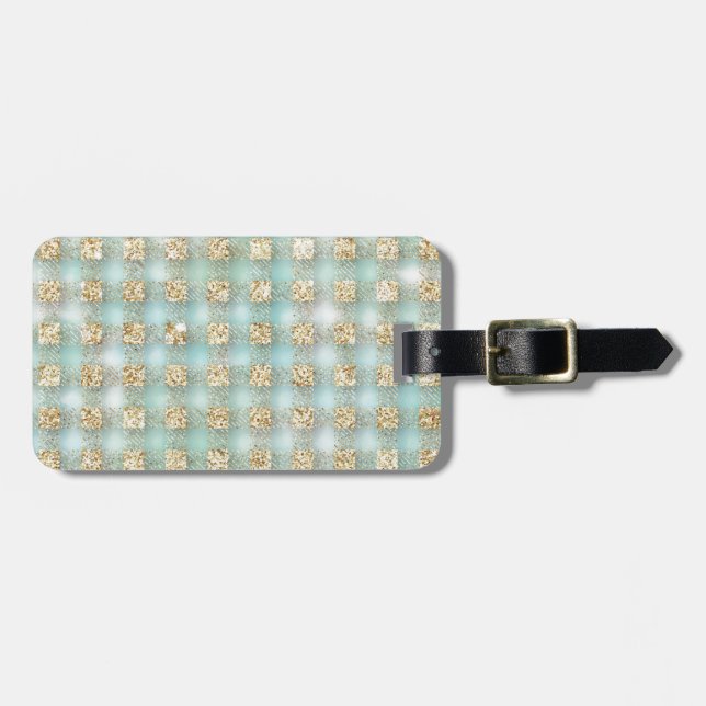 faux guld- glitter, glam, mint, tartan, pläd, bagagebricka (Horisontell Framsida)