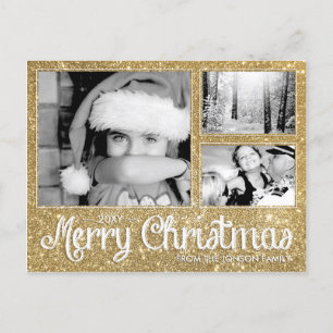 Faux Guld Glitter God jul 3 Fotovykort Helg Vykort