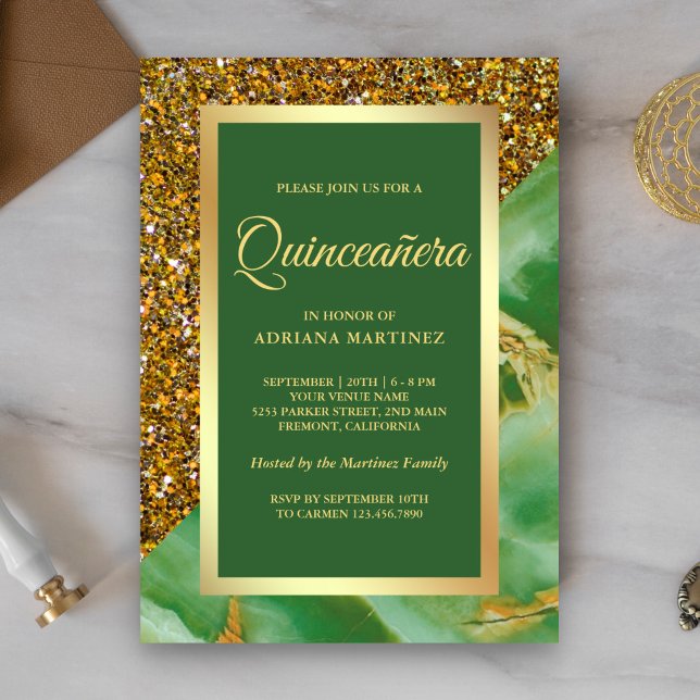 Faux Guld Glitter Grönt Marble Quinceanera Inbjudningar (Skapare uppladdad)