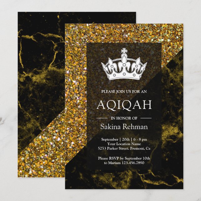 Faux Guld Glitter Guld Marble Aqeeqah | Aqiqah Inbjudningar (Fram/baksida)