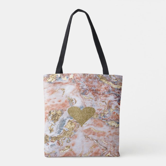 Faux Guld Glitter Heart Coola Guld Marble Struktur Tygkasse (Baksida)