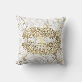 Faux Guld Glitter Kiss Läppar Makeup White Marble Kudde