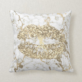 Faux Guld Glitter Kiss Läppar Makeup White Marble Kudde