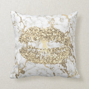 Faux Guld Glitter Kiss Läppar Makeup White Marble Kudde