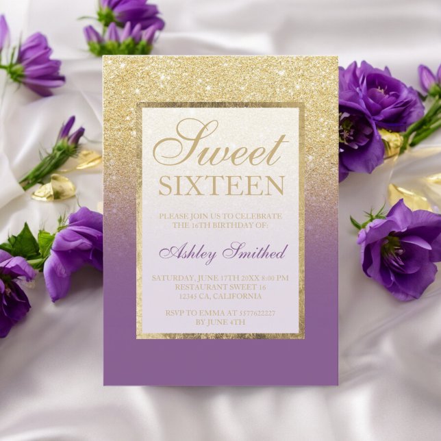 Faux guld glitter lila chic Sweet sixteen Inbjudningar (Faux gold glitter ombre purple chic Sweet sixteen Invitation)