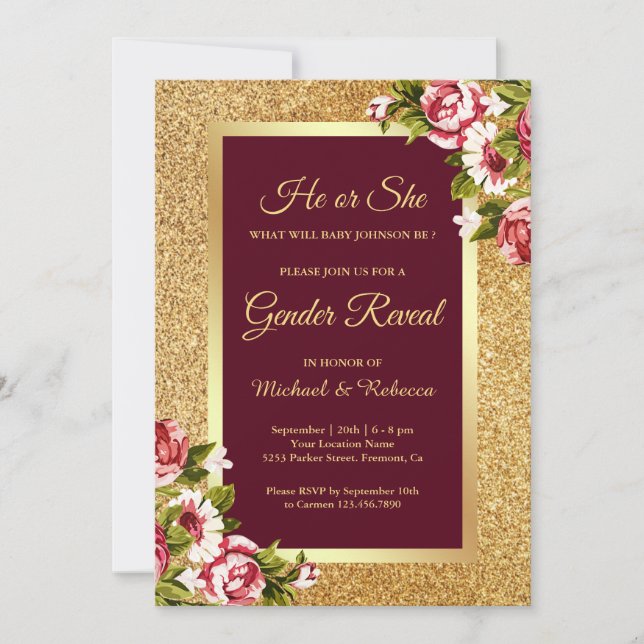 Faux Guld Glitter Maroon Blommigt Gender Reveal Inbjudningar (Framsida)