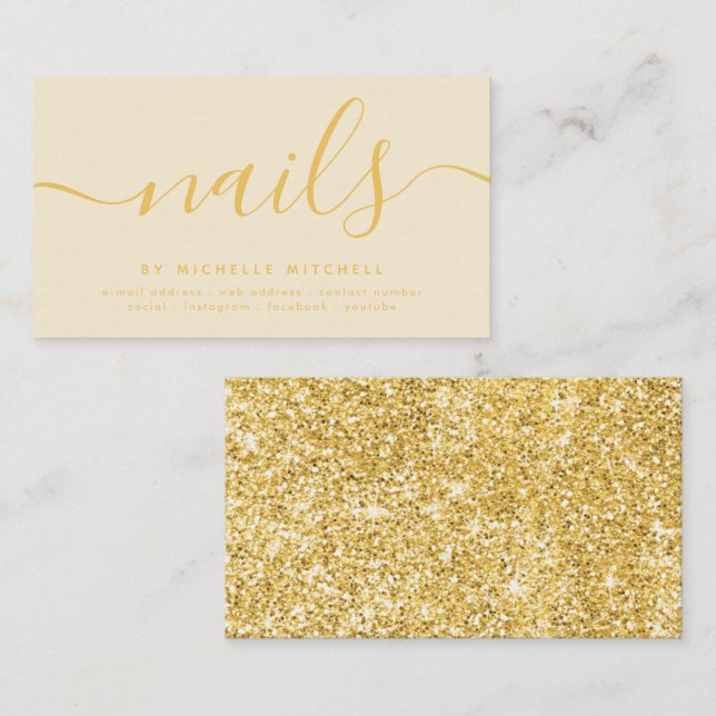 Faux Guld Glitter Nail Technician Cream Visitkort (Fram/baksida)