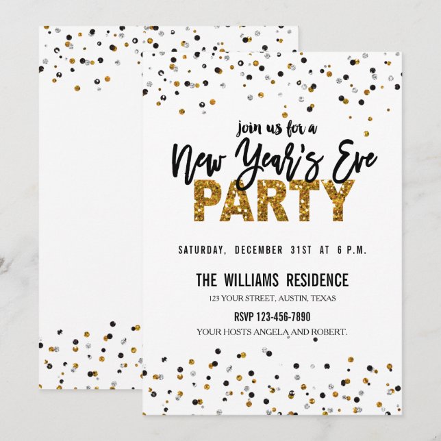 Faux Guld Glitter Nyårsafton Party Inbjudan (Fram/baksida)