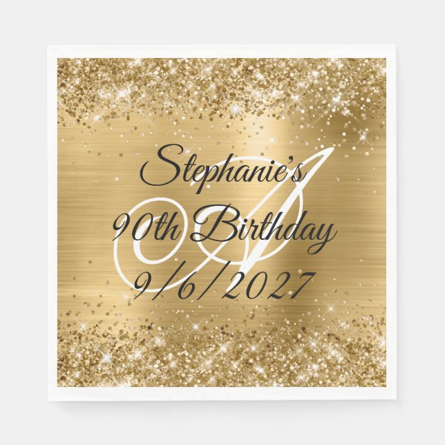 Faux Guld Glitter och Foil 90:e Birthday Pappersservett (Framsidan)