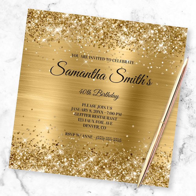 Faux Guld Glitter och Shiny Foil 40:e födelsedagen Inbjudningar (Skapare uppladdad)