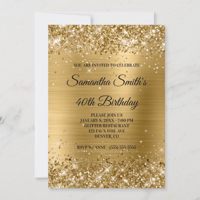 Faux Guld Glitter och Shiny Foil 40:e födelsedagen Inbjudningar (Framsida)