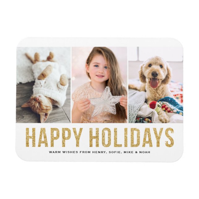 Faux Guld Glitter Photo Collage Glad helg Magnet (Horisontell)